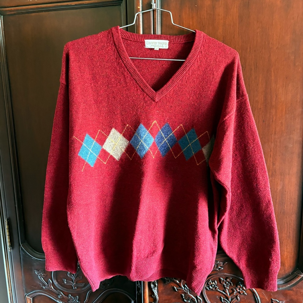 Vintage Country Trader Men’s Red Argyle Lambswool V Neck Knit Sweater Medium